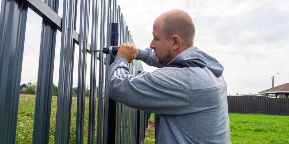 Professional fence repair in Fargo, ND, showing a technician fixing a metal picket fence for a residential client.